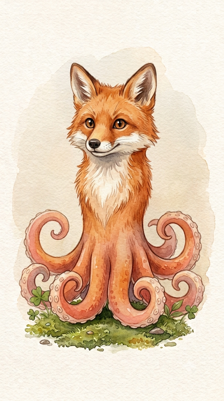 Aquarell des Oktofux – ein Fuchs mit acht Oktopus-Tentakeln.