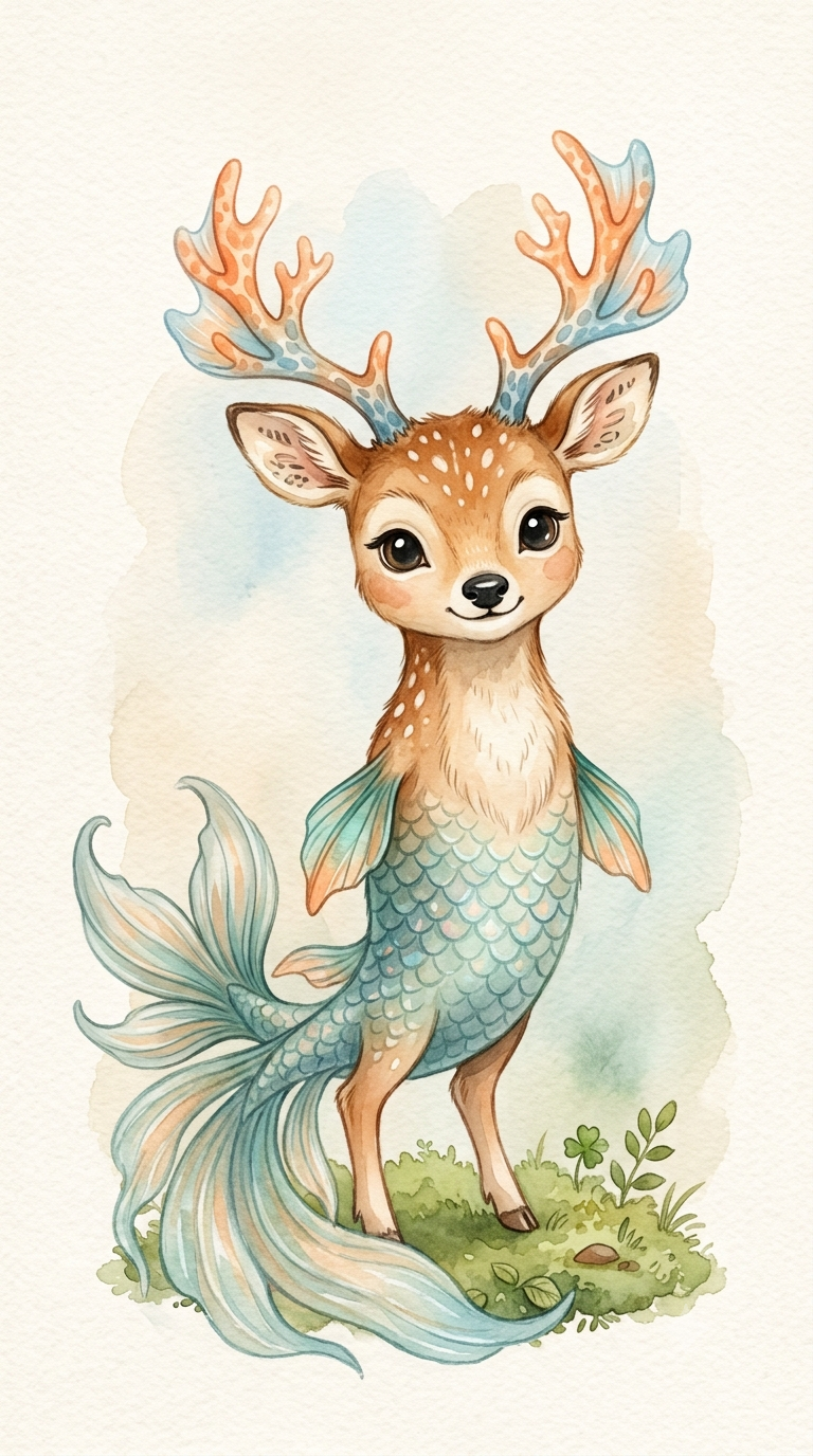 Aquarell des Firsch – halb Hirsch mit Korallengeweih, halb Fisch mit Schuppenkleid.