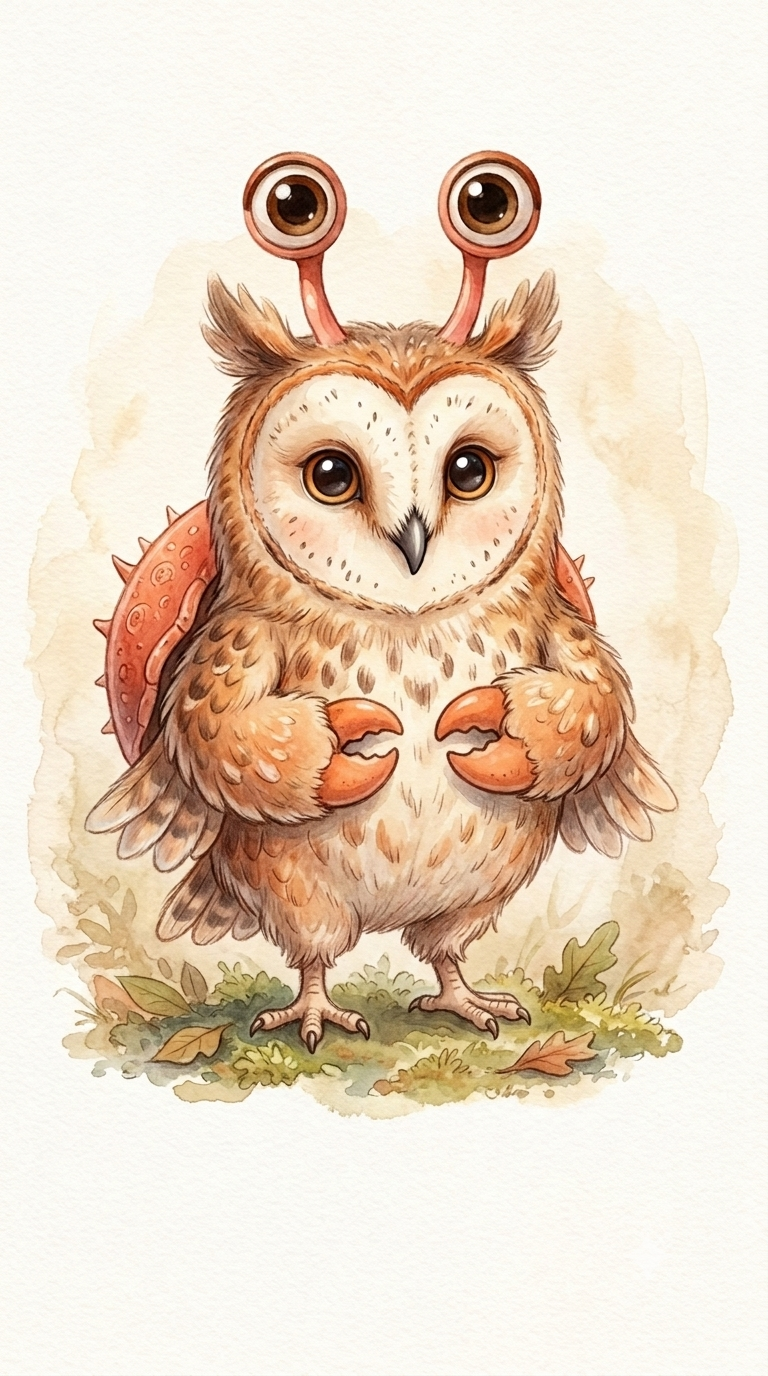 Aquarell der Krabbeule – eine Eule mit Krabbenscheren und Stielaugen.