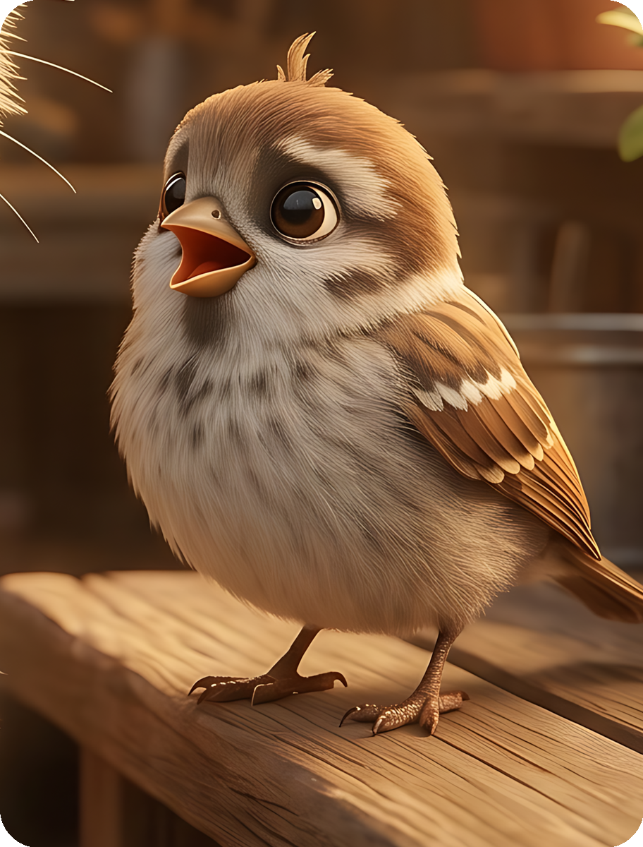 Fips, der kleinste Spatz, sitzt auf einem Holzbalken