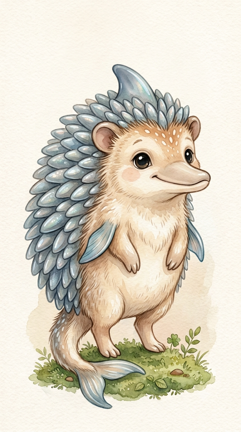 Aquarell des Delphigels – ein Igel mit Delfinflosse und -schwanz.