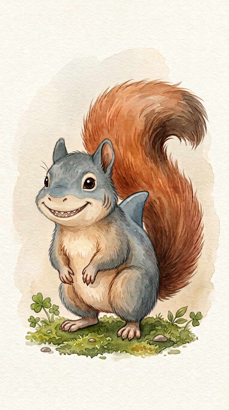Aquarell des Haichhörnchens – ein Eichhörnchen mit Haifischzähnen und Rückenflosse.