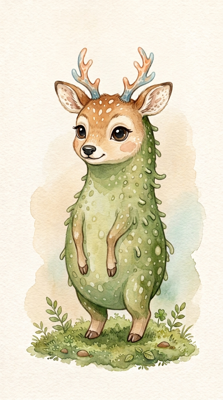 Aquarell der Rehgurke – ein Reh mit grünem, gurkenartigem Körper.