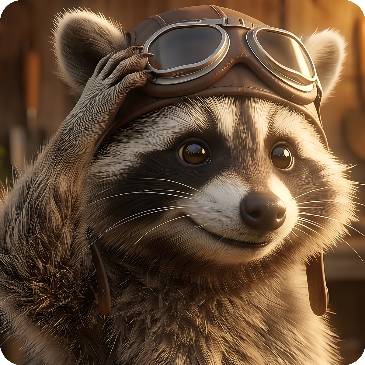 Nando, der Waschbär mit Fliegermütze und Fliegerbrille